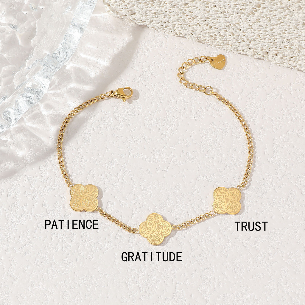 Silver Four-Leaf Clover Bracelet with Arabic Calligraphy - Eid Gift for Muslim Women