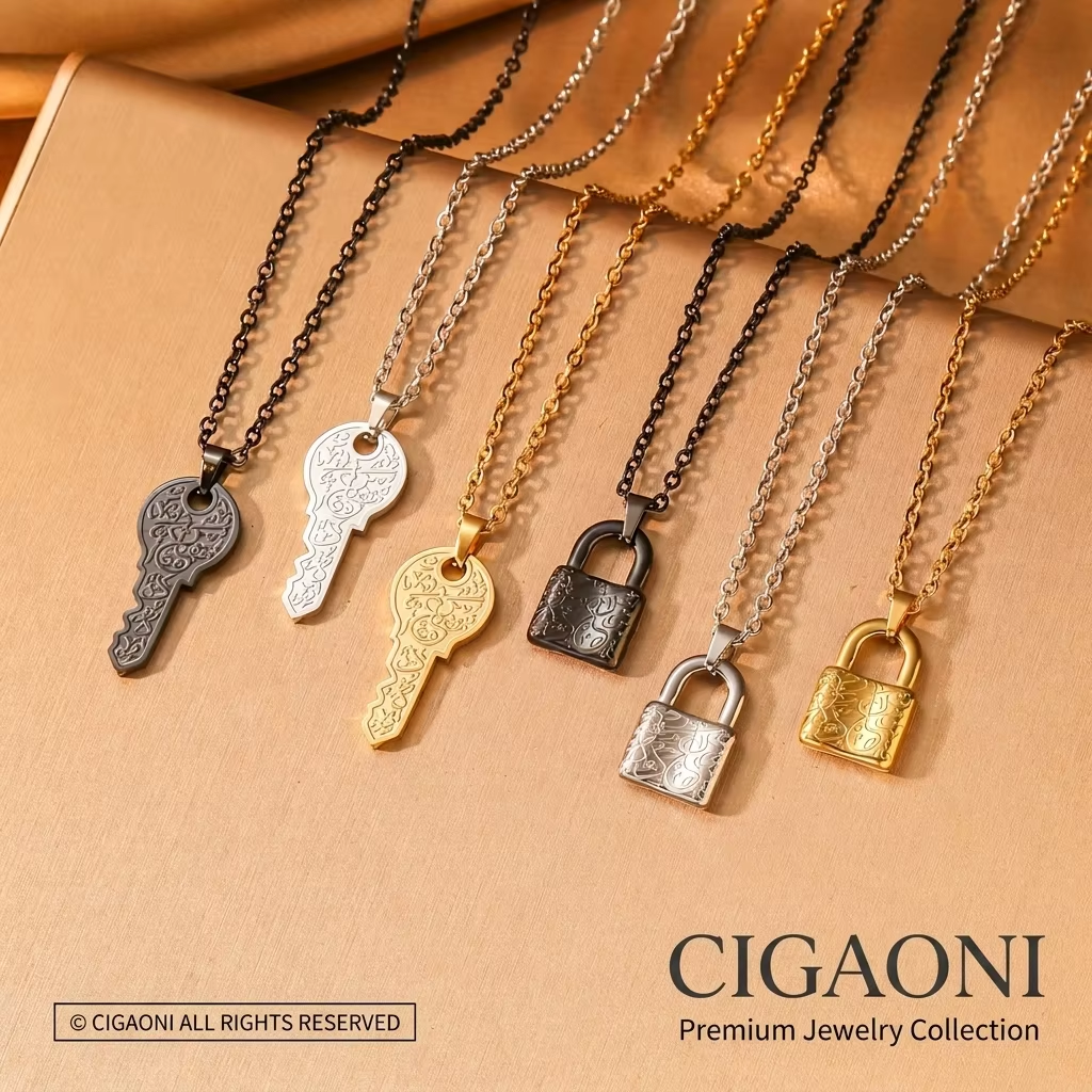 CIGAONI lock and key pendant necklaces in gold, silver and rose gold on beige background