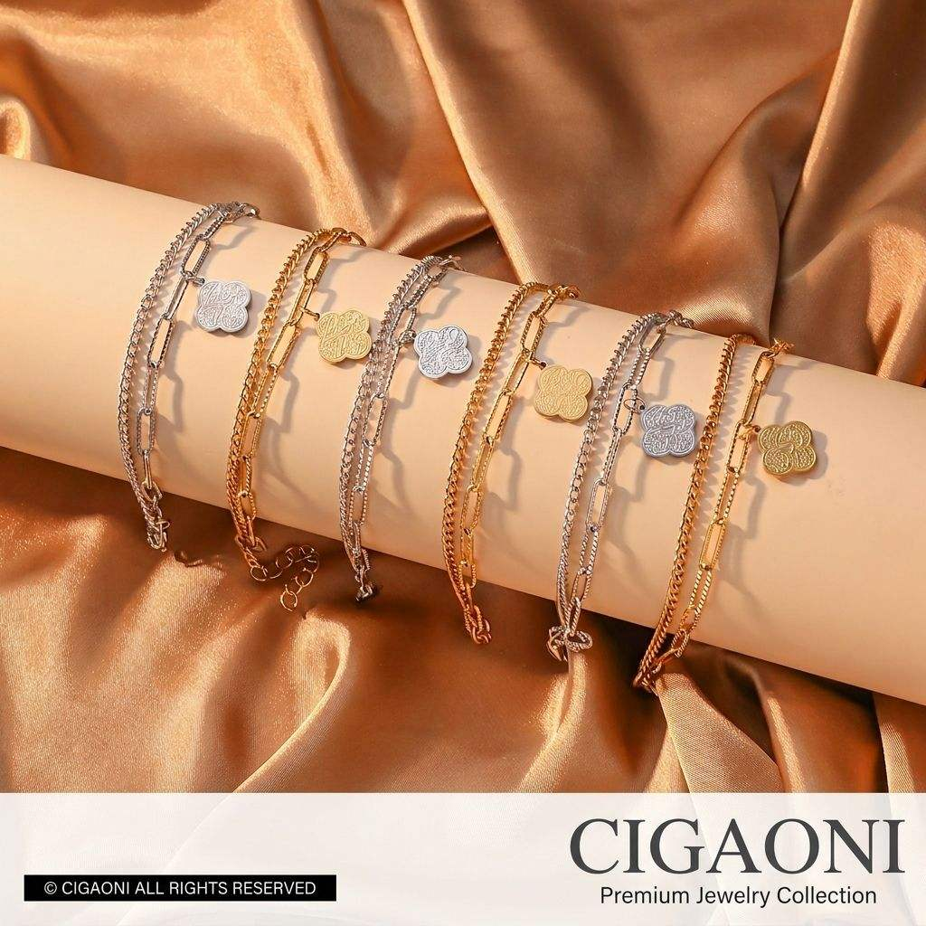 CIGAONI Sabr Shukr Tawakkul Layered Bracelet Collection - Handcrafted Arabic Calligraphy Clover Jewelry in Gold, Silver and Rose Gold