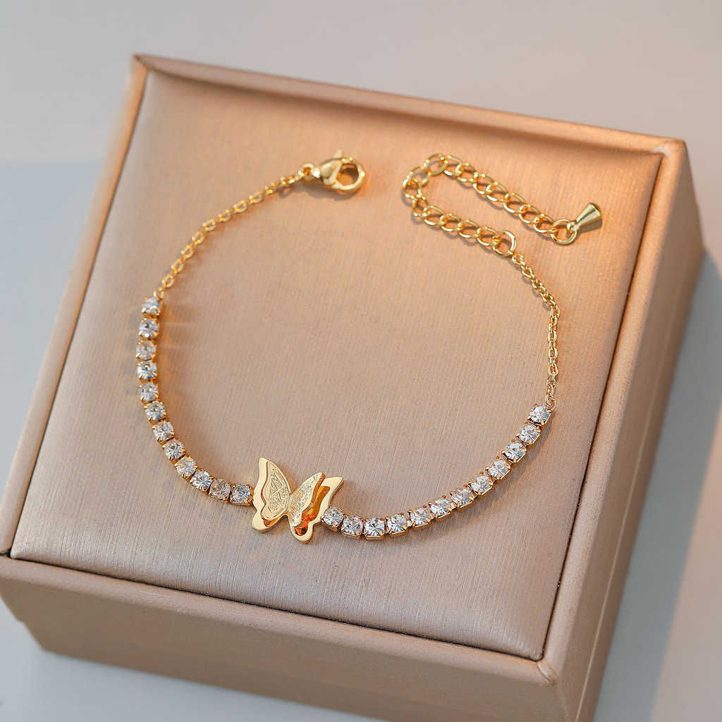Gold Butterfly Tennis Bracelet - 18K Gold Plated Sabr and Shukr Engraved Jewelry with Sparkling Crystals