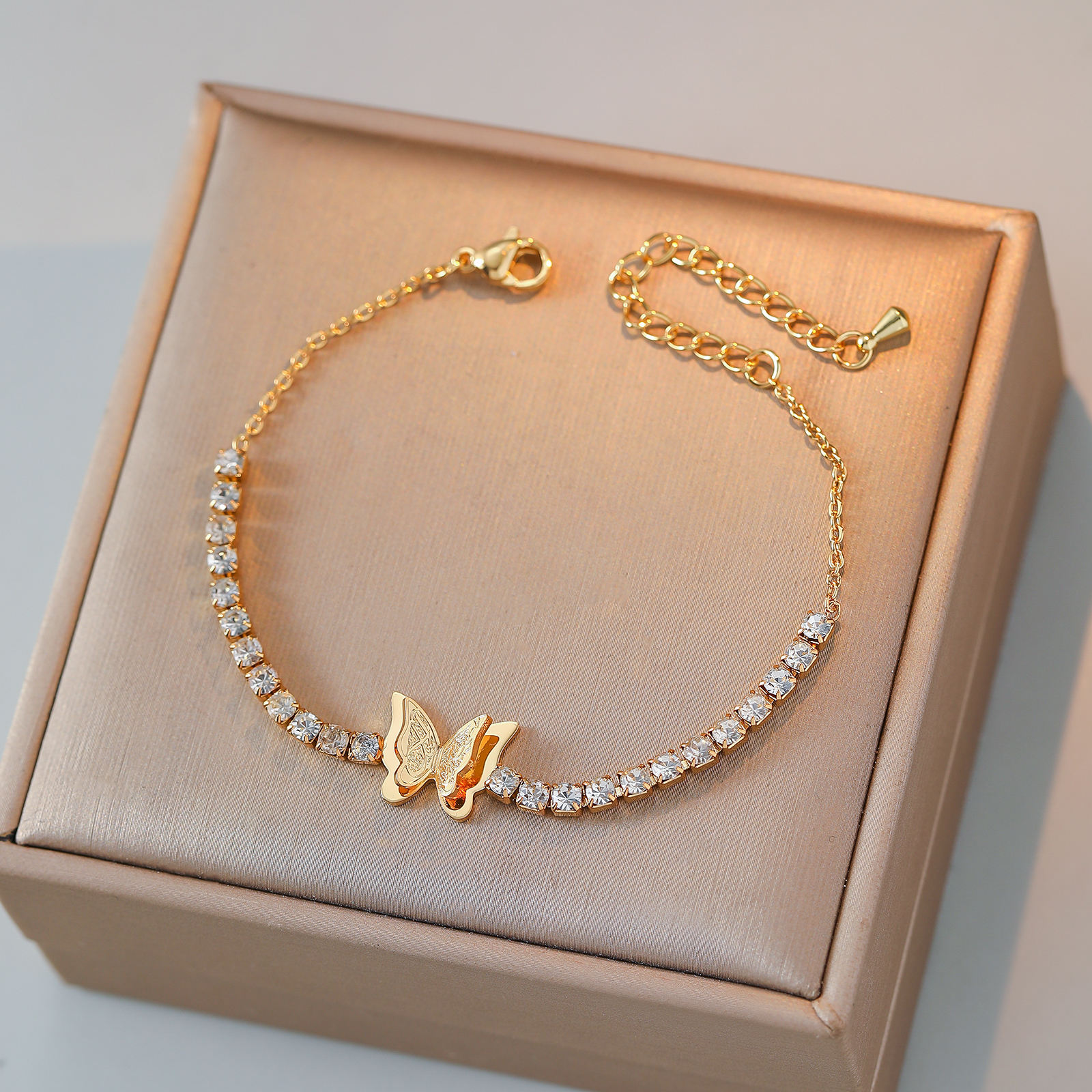 Gold Butterfly Tennis Bracelet - 18K Gold Plated Sabr and Shukr Engraved Jewelry with Sparkling Crystals
