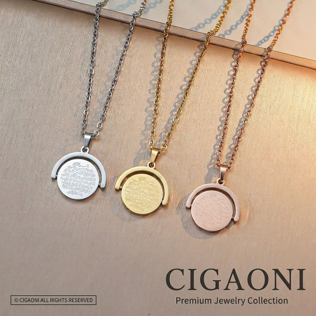 CIGAONI Ayatul Kursi Rotating Coin Necklace Collection - Handcrafted 360 Degree Spinning Arabic Calligraphy Jewelry in Gold, Silver and Rose Gold

