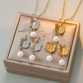 Butterfly Pearl Necklace & Earrings Set - Sabr and Shukr Arabic Calligraphy Jewelry | 18K Gold Plated Faith Inspired Gift