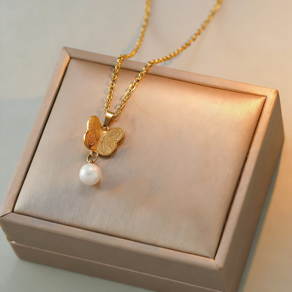 Butterfly Pearl Necklace & Earrings Set - Sabr and Shukr Arabic Calligraphy Jewelry | 18K Gold Plated Faith Inspired Gift