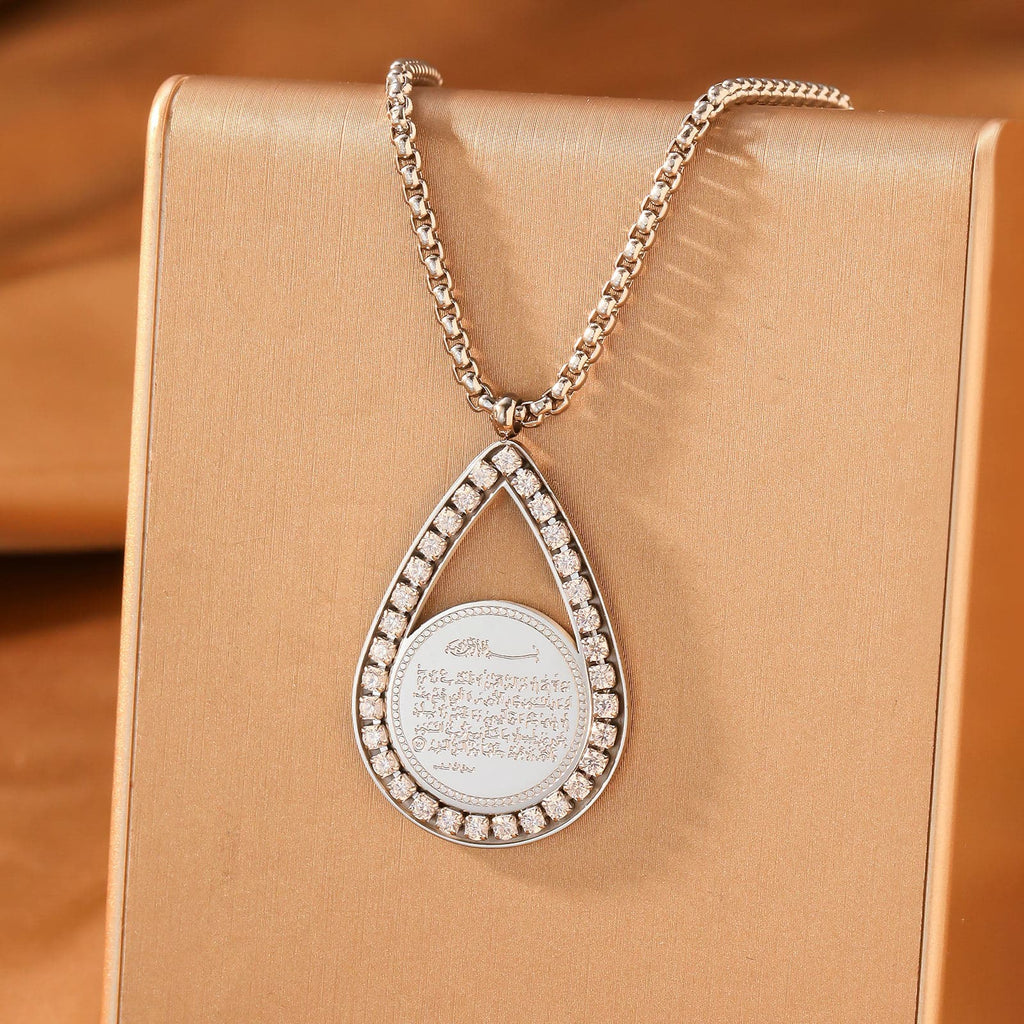 CIGAONI teardrop pendant necklace in silver finish with white stone center, minimalist luxury design