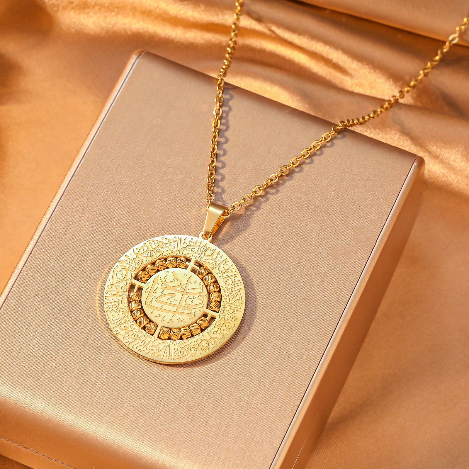 The Sovereign Shield Spinner - Premium Triple-Layered Sacred Script Necklace with Flourishing Golden Beads | CIGAONI Artisan Heritage
