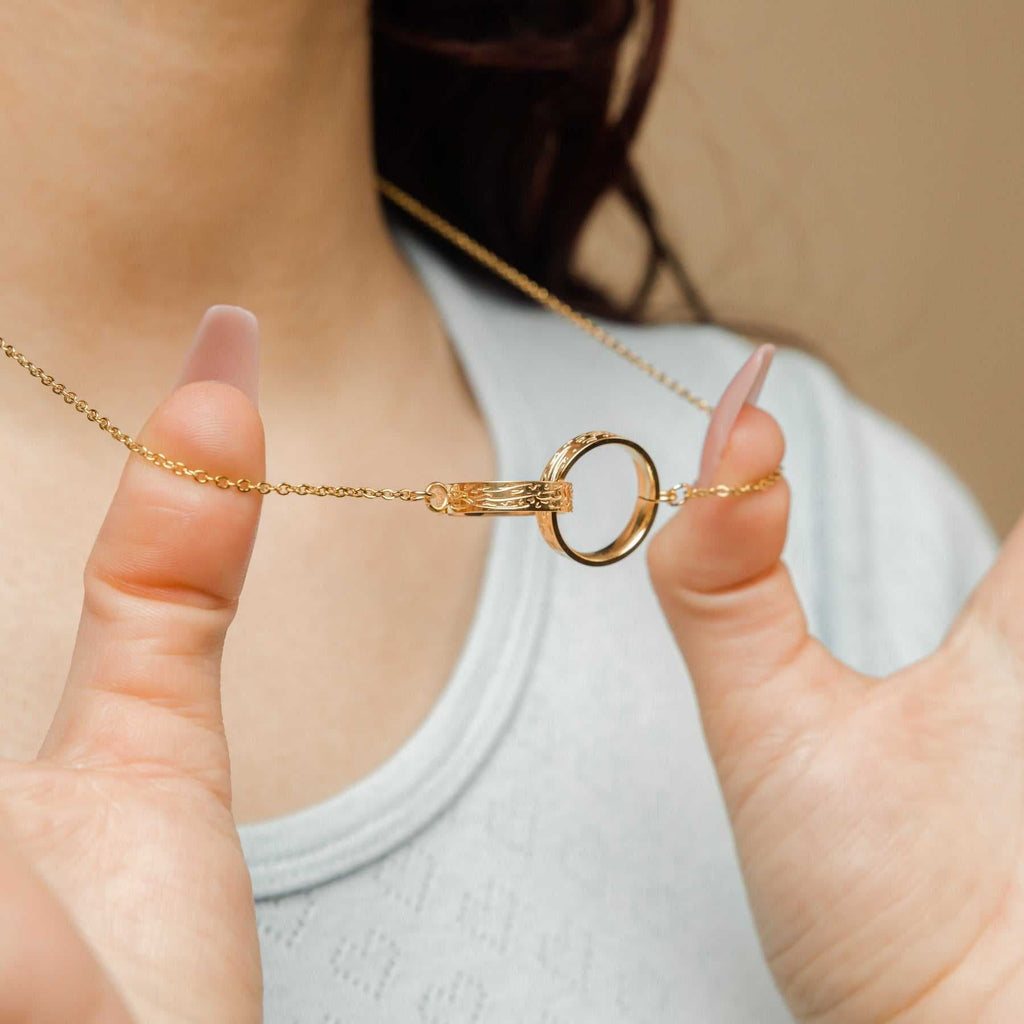 Ayatul Kursi Double Ring Necklace Gold Plated - Close-Up Worn on Neck | CIGAONI

