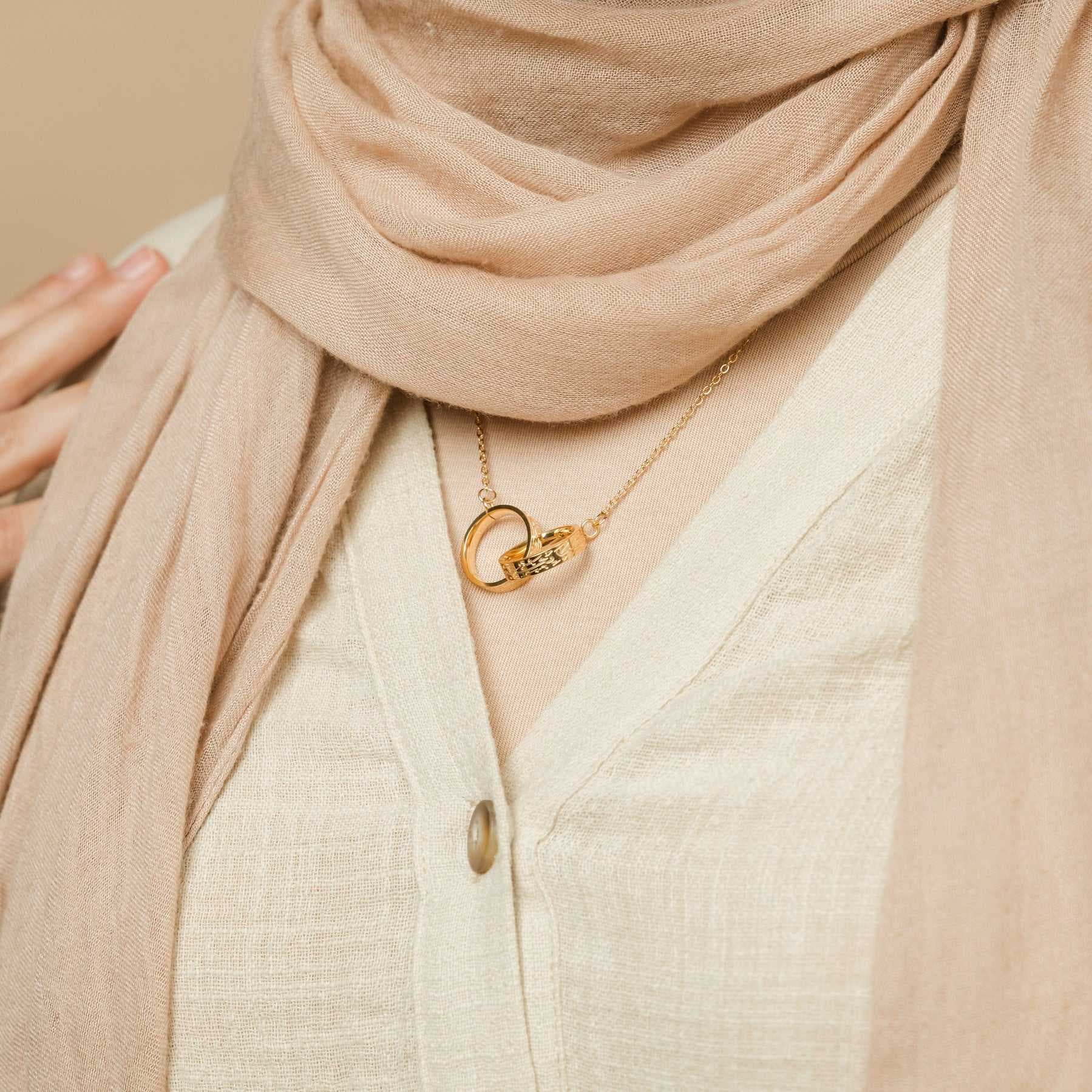 Ayatul Kursi Double Ring Necklace Silver - Side Neck Detail Worn Shot | CIGAONI

