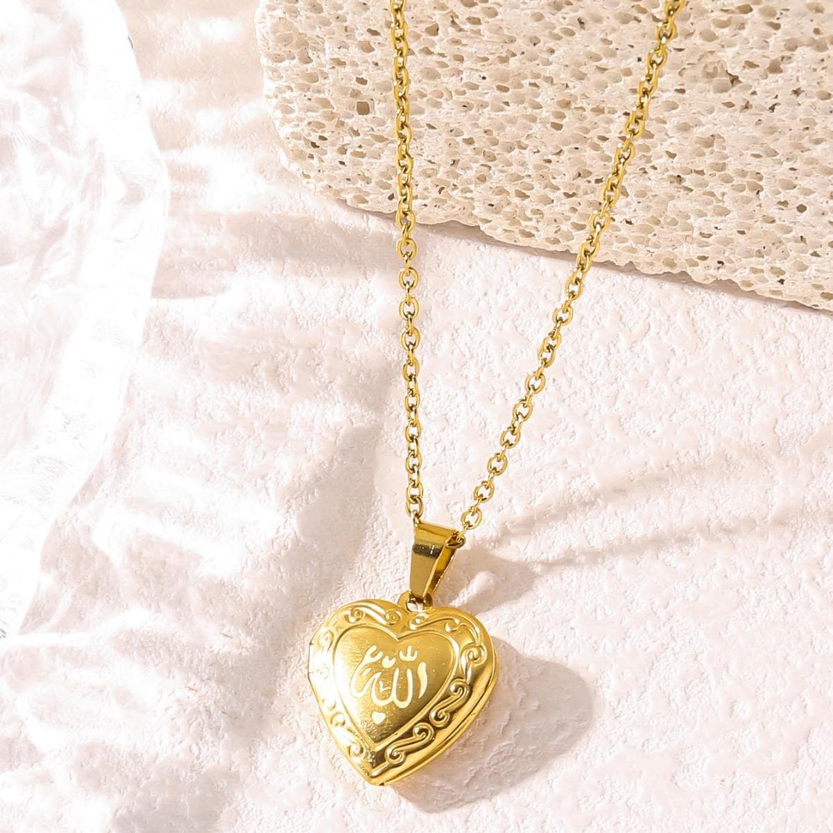 CIGAONI Sacred Keeper gold heart locket necklace with Allah Arabic calligraphy on white fabric - spiritual keepsake jewelry