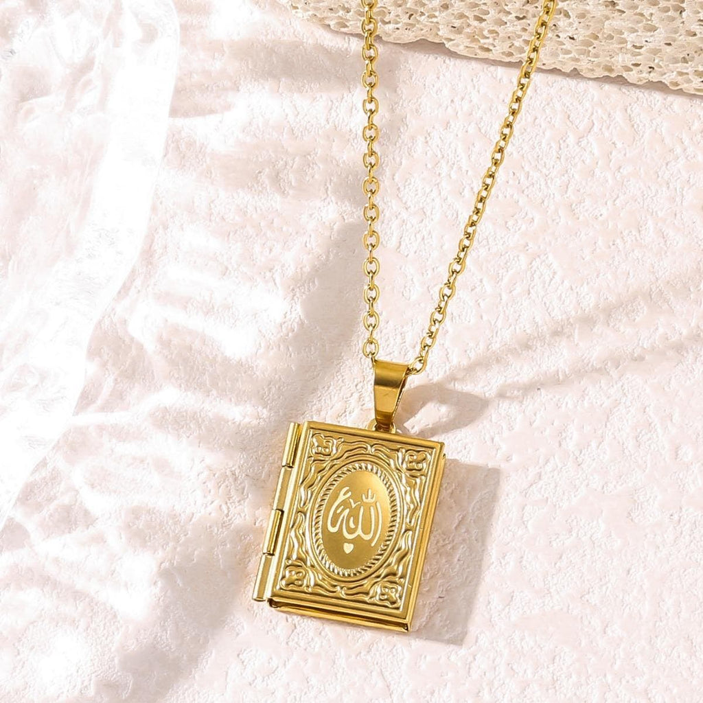 CIGAONI gold book-shaped locket necklace with Allah calligraphy engraving - Quran style Islamic pendant jewelry