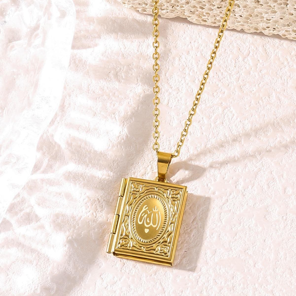 CIGAONI gold book-shaped locket necklace with Allah calligraphy engraving - Quran style Islamic pendant jewelry