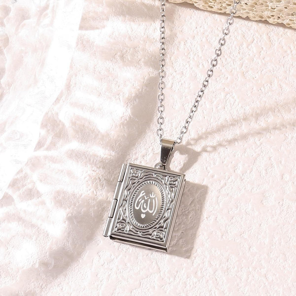 CIGAONI silver book-shaped locket necklace with Allah calligraphy - stainless steel Islamic spiritual jewelry