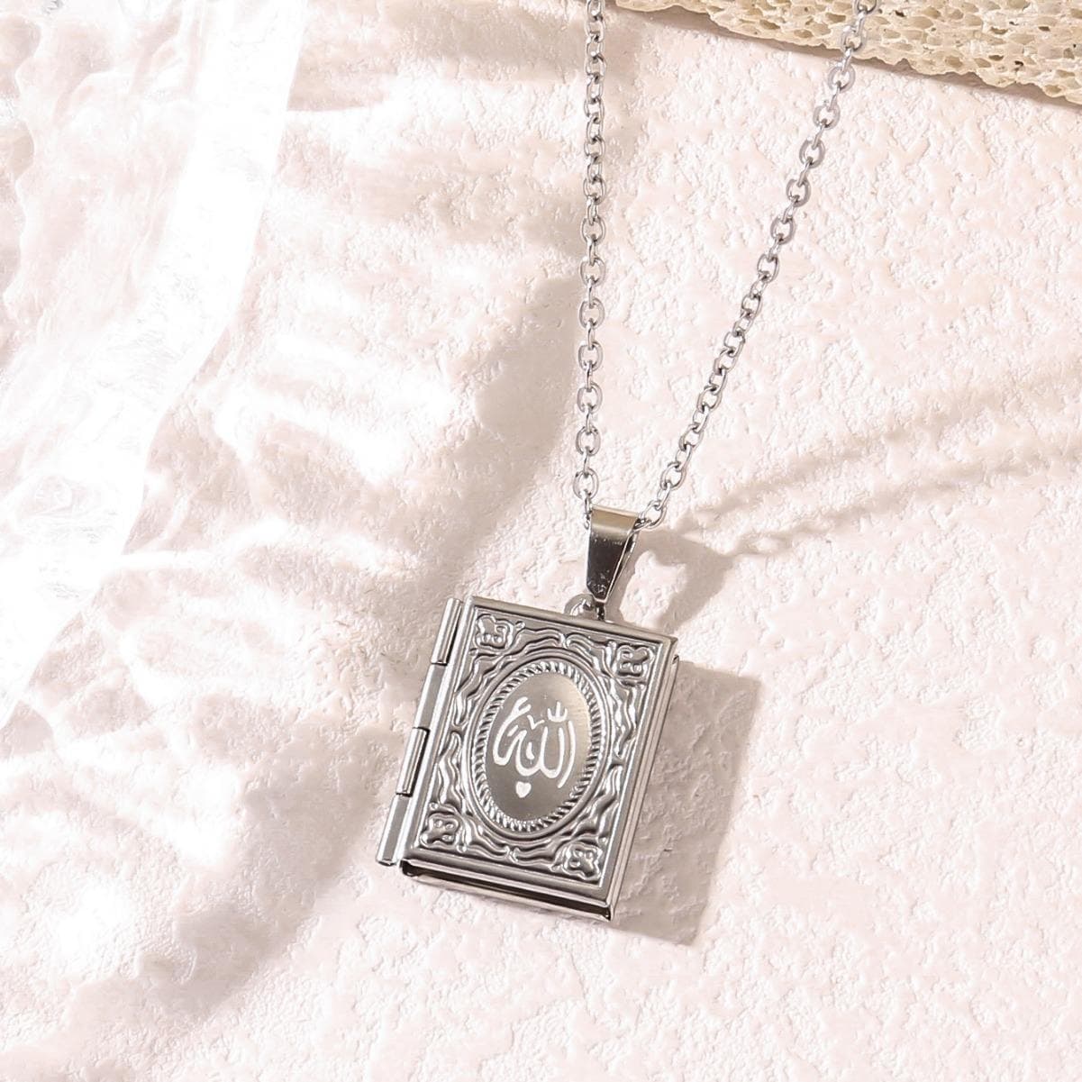 CIGAONI silver book-shaped locket necklace with Allah calligraphy - stainless steel Islamic spiritual jewelry