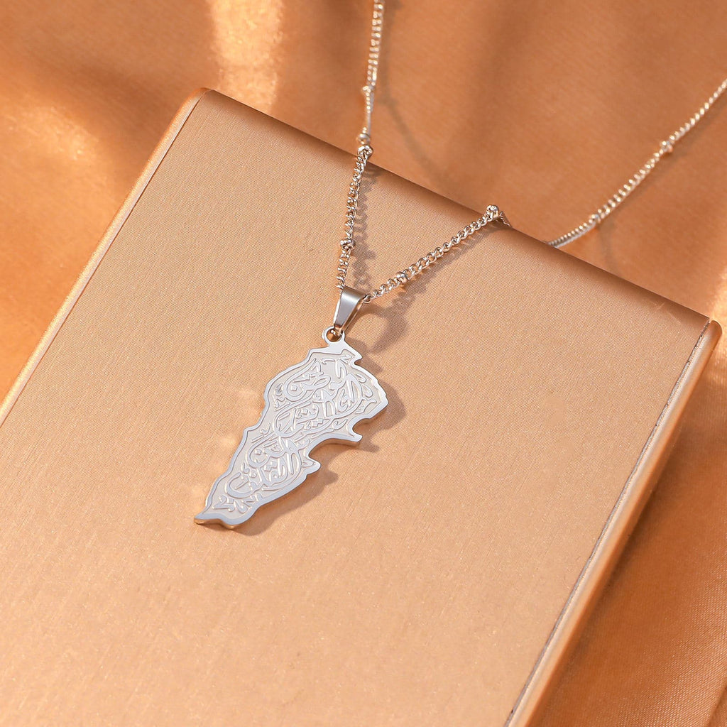 CIGAONI Sacred Soil Silver Palestine Map Necklace - Arabic Calligraphy 18K Plated Stainless Steel Pendant