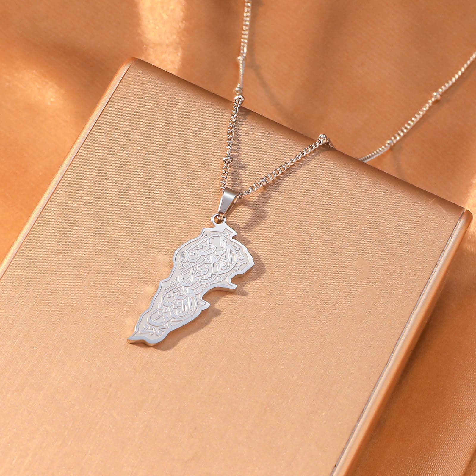 CIGAONI Sacred Soil Silver Palestine Map Necklace - Arabic Calligraphy 18K Plated Stainless Steel Pendant