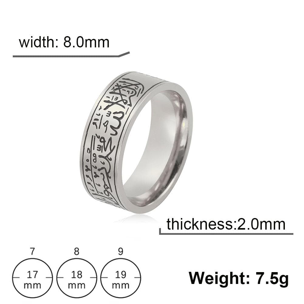 CIGAONI Sovereign Verse Ring in polished silver finish with size and dimension infographic: 8.0mm width, 2.0mm thickness, 7.5g weight, available in US sizes 7 (17mm), 8 (18mm), 9 (19mm)

