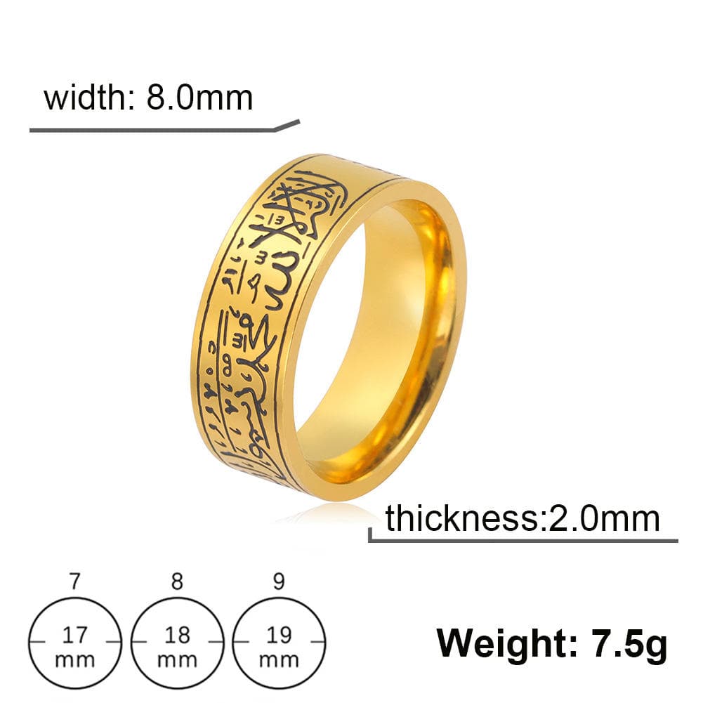 CIGAONI Sovereign Verse Ring in 18K gold finish with size and dimension infographic: 8.0mm width, 2.0mm thickness, 7.5g weight, available in US sizes 7 (17mm), 8 (18mm), 9 (19mm)

