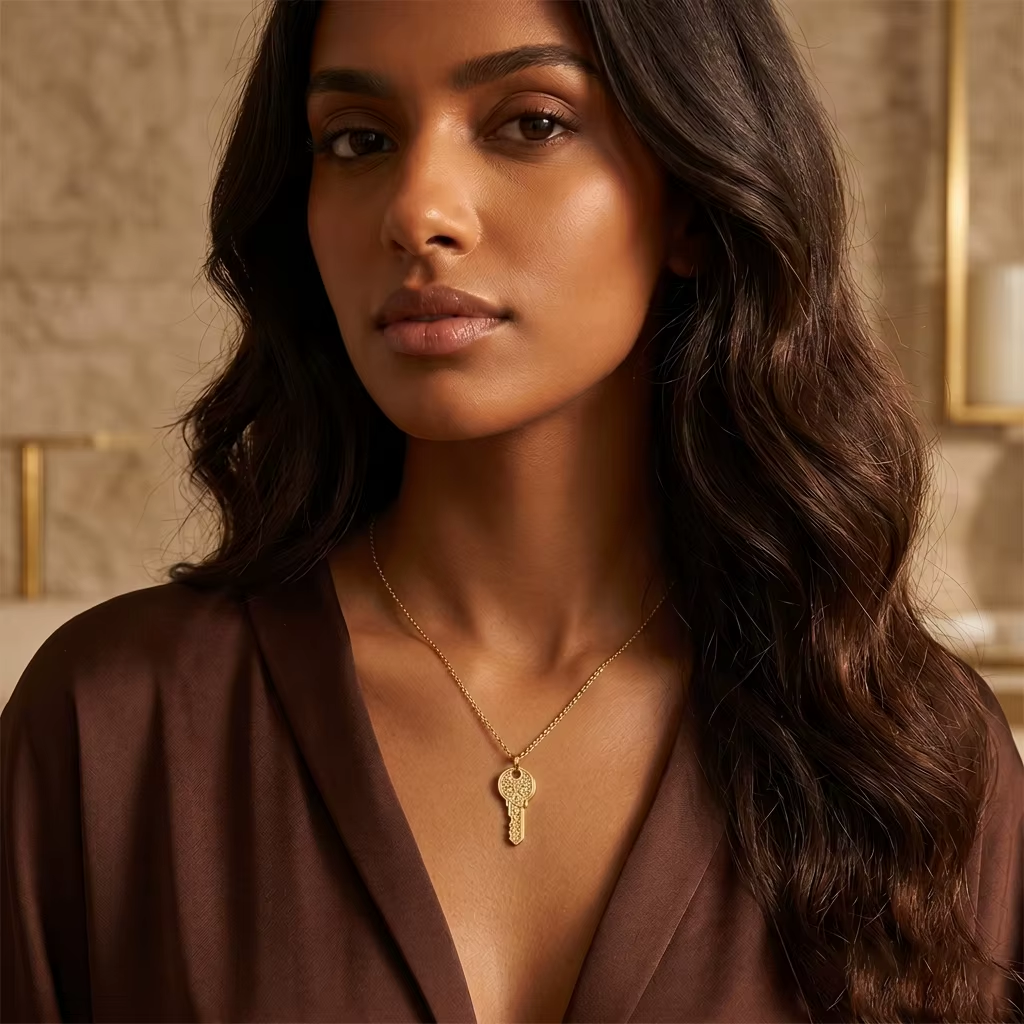 Model wearing CIGAONI gold lock pendant necklace with layered chains