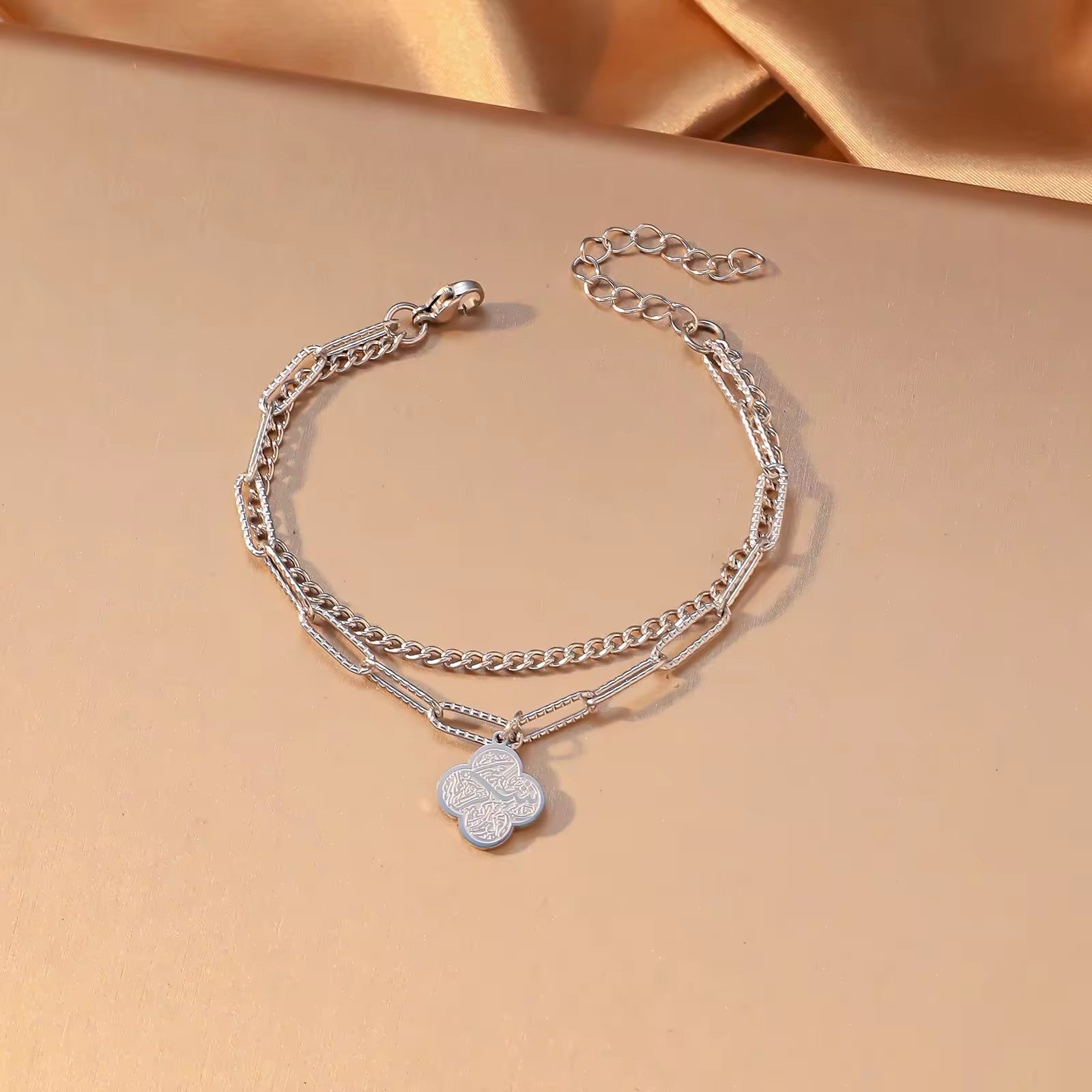 Shukr Silver Double Chain Bracelet - Polished Stainless Steel Islamic Calligraphy Jewelry for Gratitude