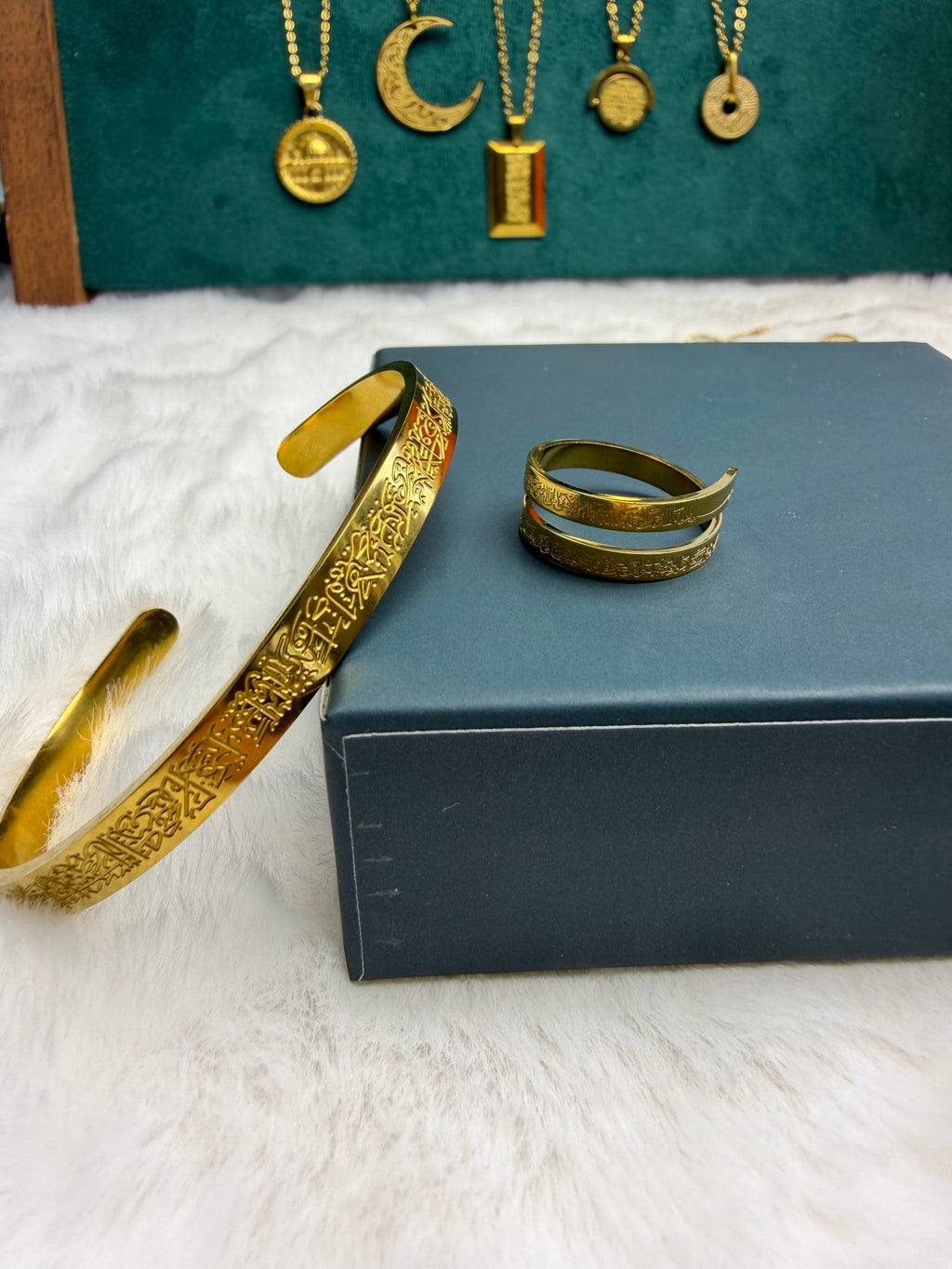 CIGAONI Sacred Trinity | 3-Piece Ayatul Kursi Jewelry Set - 18K Gold Plated Necklace, Bangle & Wrap Ring Suite - Total Spiritual Protection