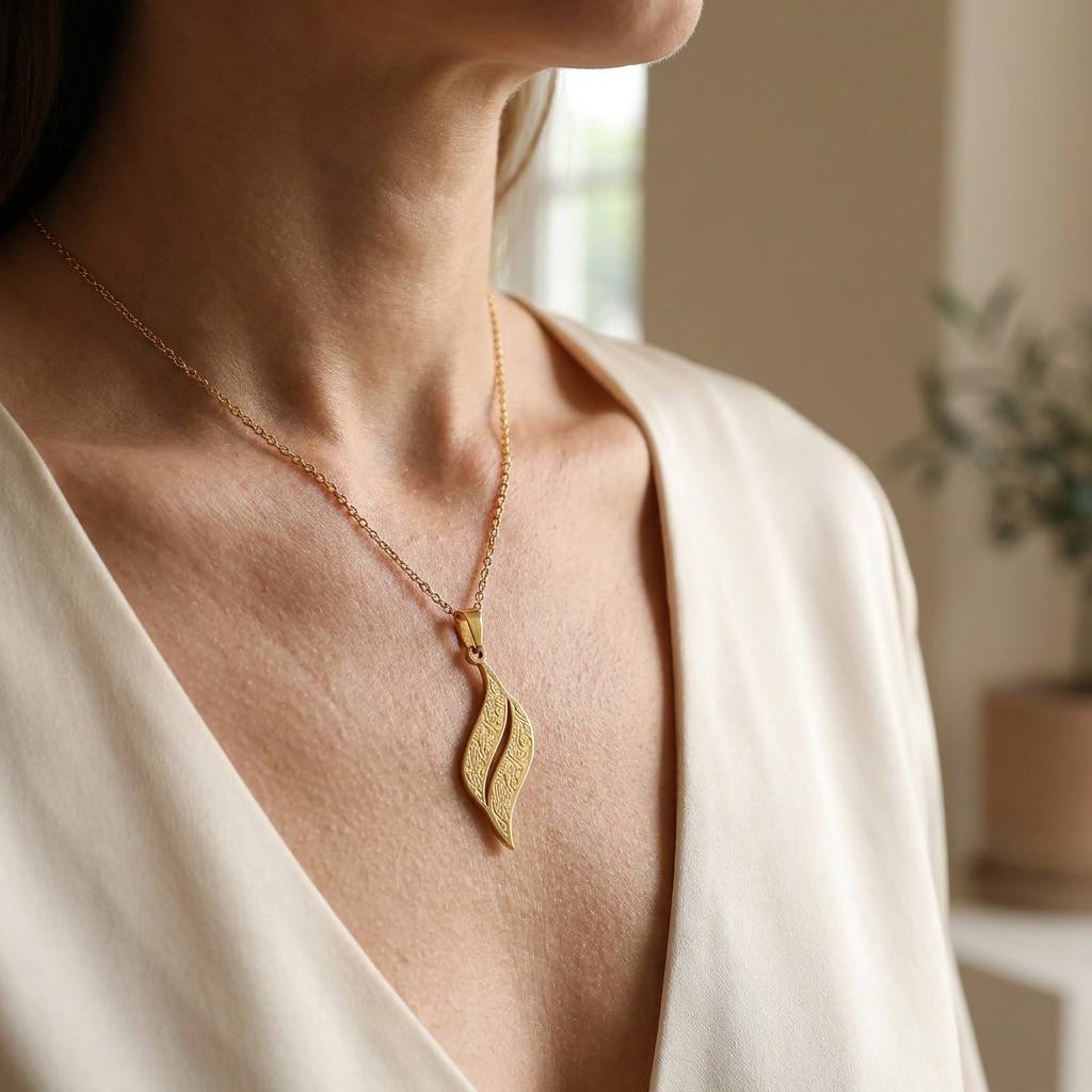 Eternal Flame of Faith Necklace worn by model – Ayatul Kursi Double-Leaf Pendant | CIGAONI
