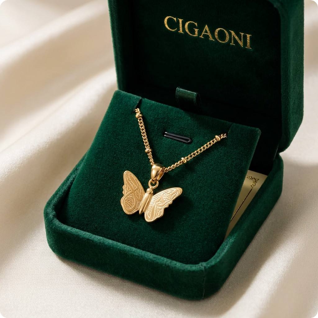 Gold butterfly necklace and earring set in green gift box - CIGAONI

