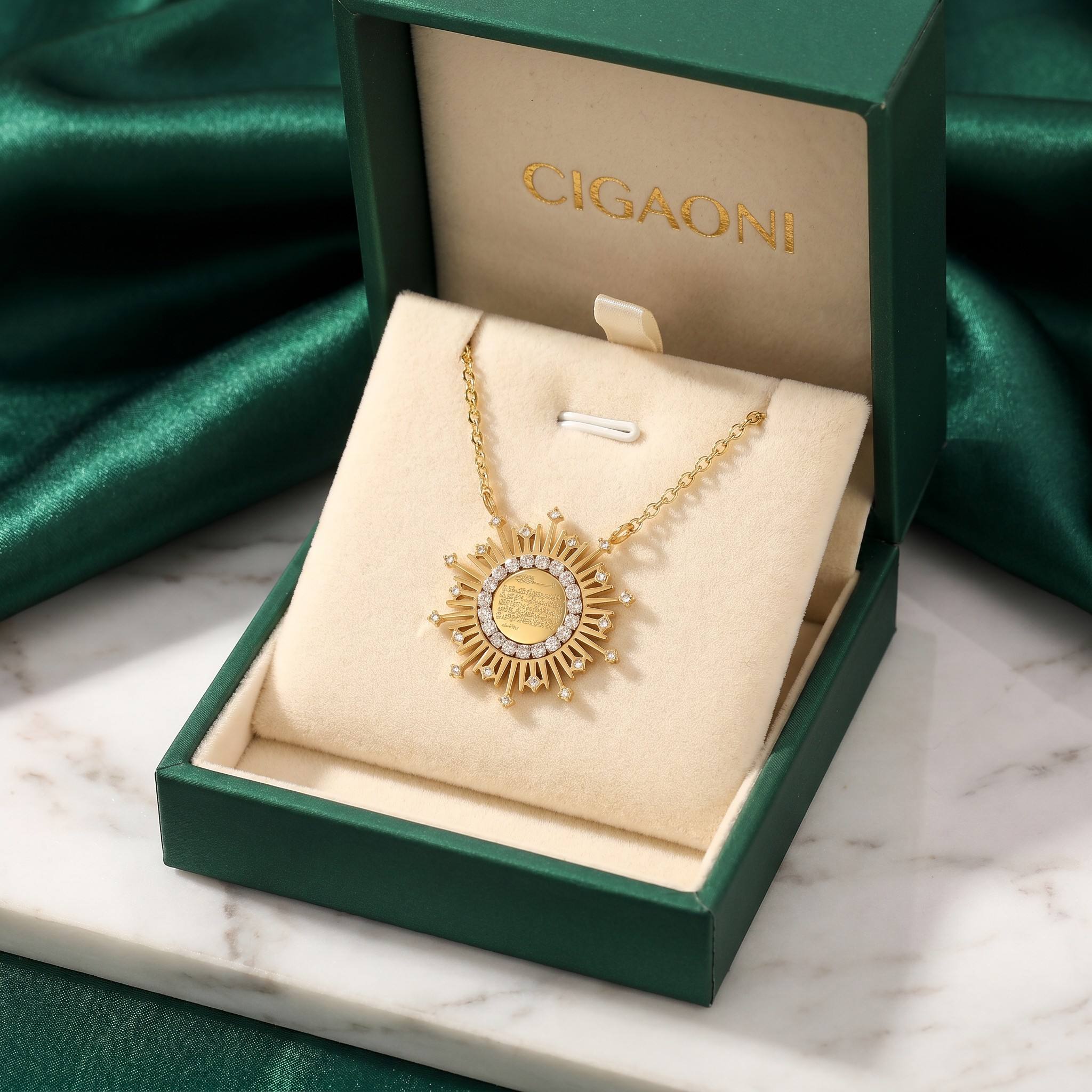 CIGAONI Radiant Shield gold Ayatul Kursi necklace presented in luxury emerald green gift box