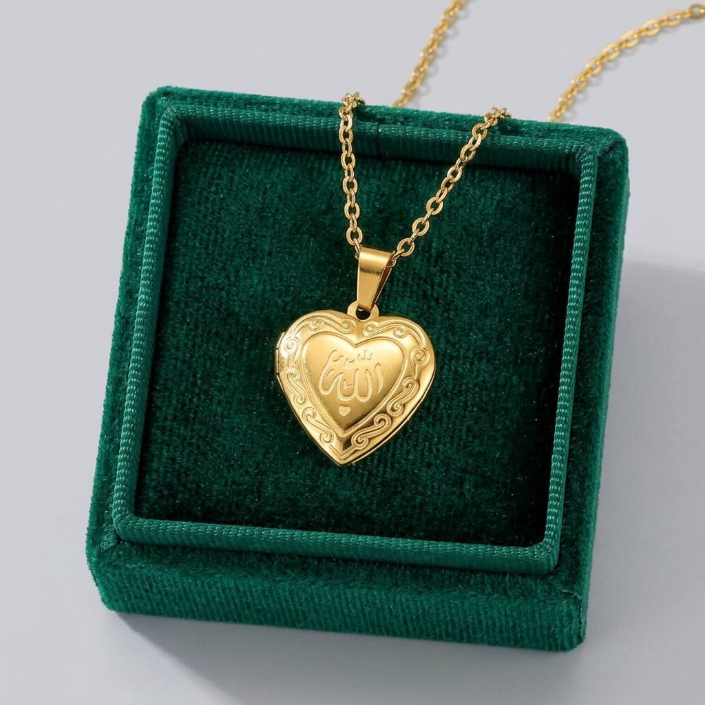 CIGAONI gold heart locket necklace with Allah calligraphy displayed in emerald green luxury gift box