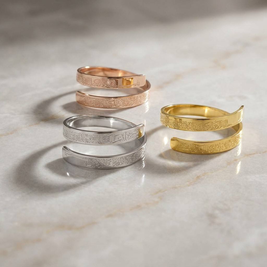 Adjustable Ayatul Kursi Spiral Ring - Resizable Wrap Around Arabic Calligraphy Bangle Ring | 18K Gold Plated Sacred Protection Jewelry