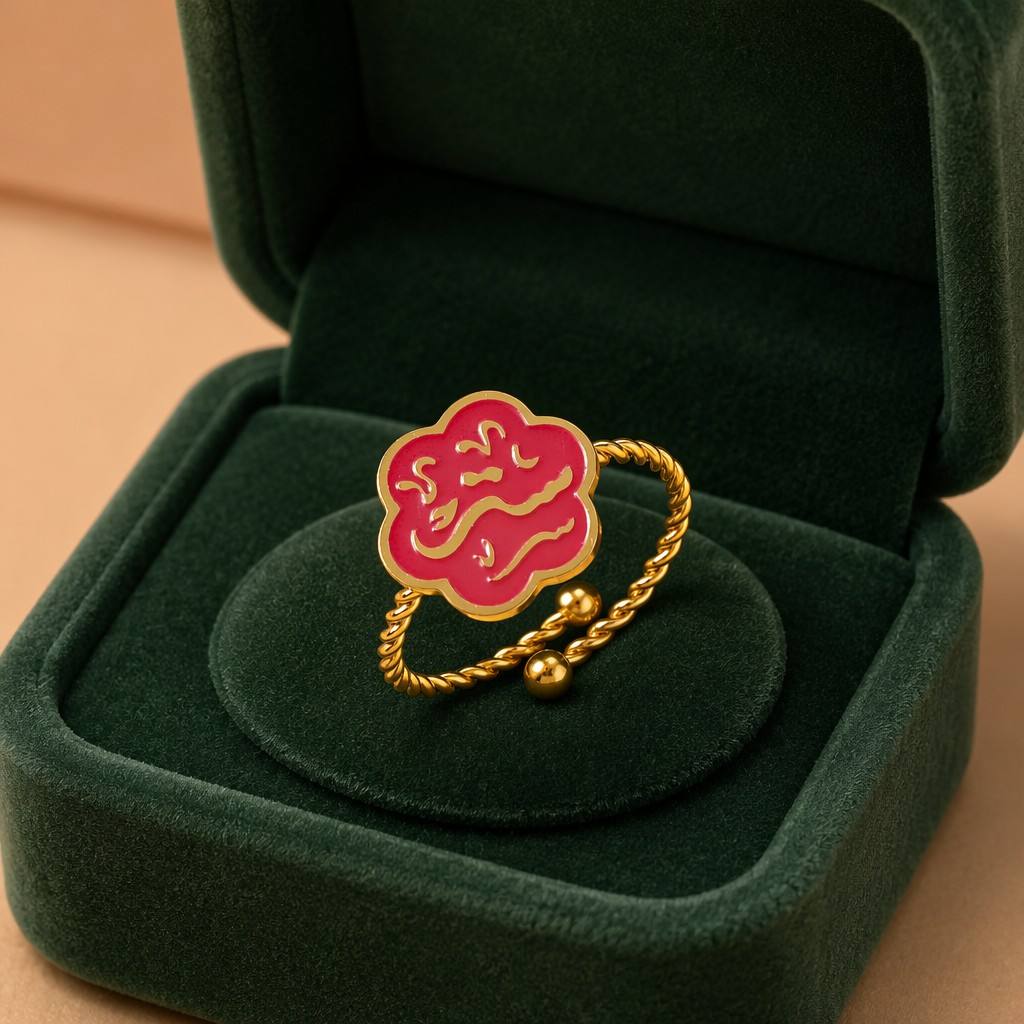 CIGAONI Bloom of Salam ruby red enamel ring displayed in signature emerald green luxury gift box – perfect for gifting

