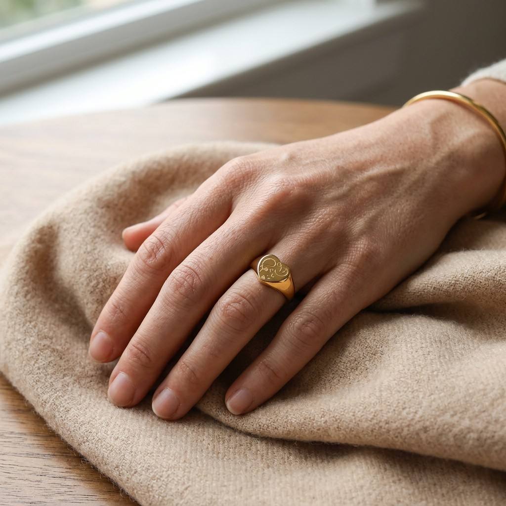 Woman wearing CIGAONI 18K gold Hubb Arabic love calligraphy heart signet ring on ring finger with gold bangle

