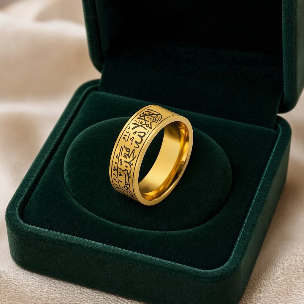 CIGAONI Sovereign Verse Ring in 18K gold finish displayed in an open emerald green luxury jewelry box, showing full Arabic calligraphy engraving on the 8mm wide band

