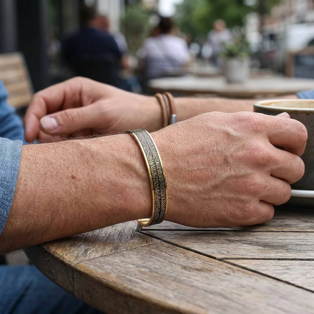 Man wearing CIGAONI Sovereign Shield Ayatul Kursi gold-black open cuff bangle on wrist at outdoor café table