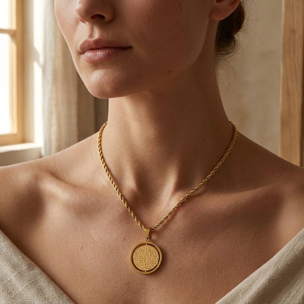 Elegant model wearing CIGAONI gold Ayatul Kursi rotating coin necklace - Sophisticated and minimalist Islamic faith jewelry with textured rope chain


