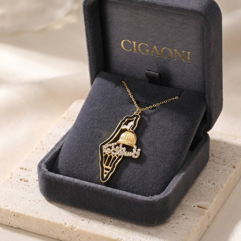 Gold Palestine map pendant necklace displayed in black jewelry box - CIGAONI