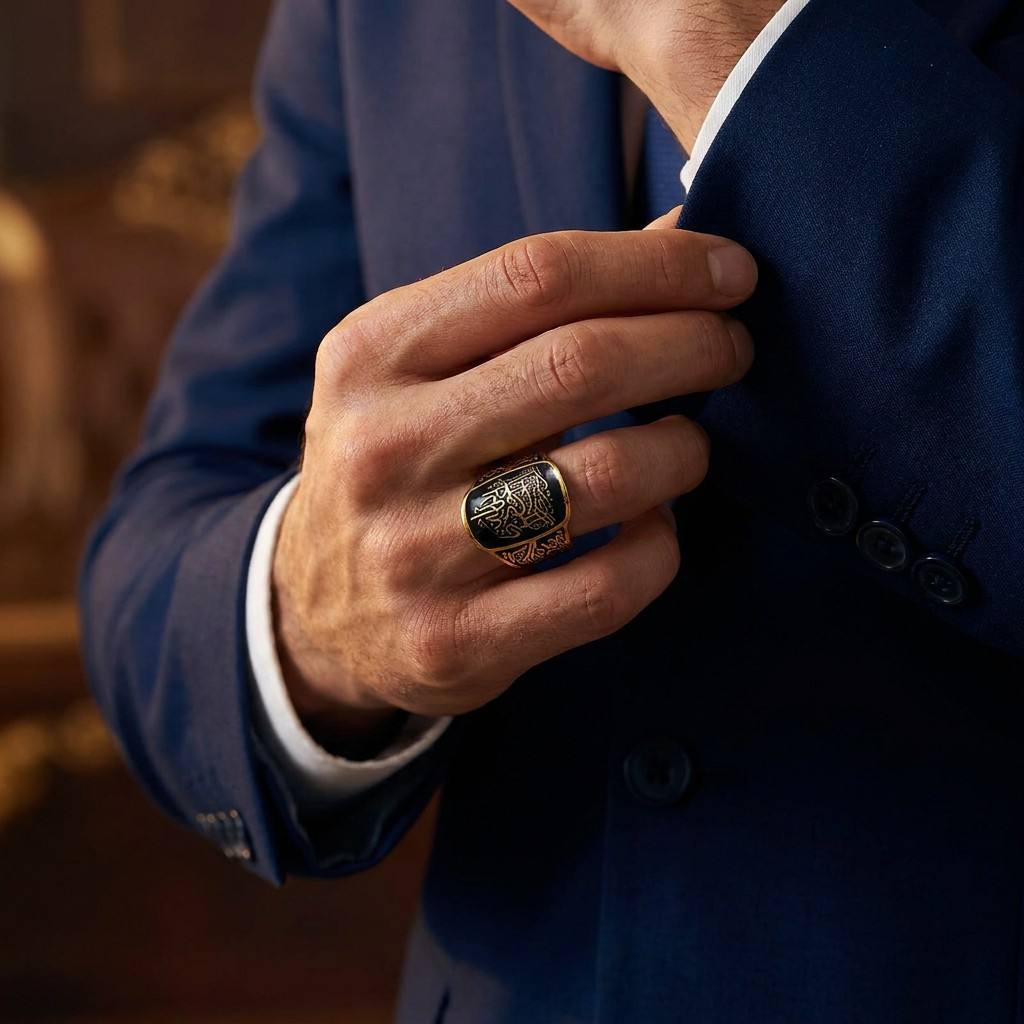Professional male model wearing CIGAONI gold Ayatul Kursi ring - Masculine authoritative style with dark navy suit