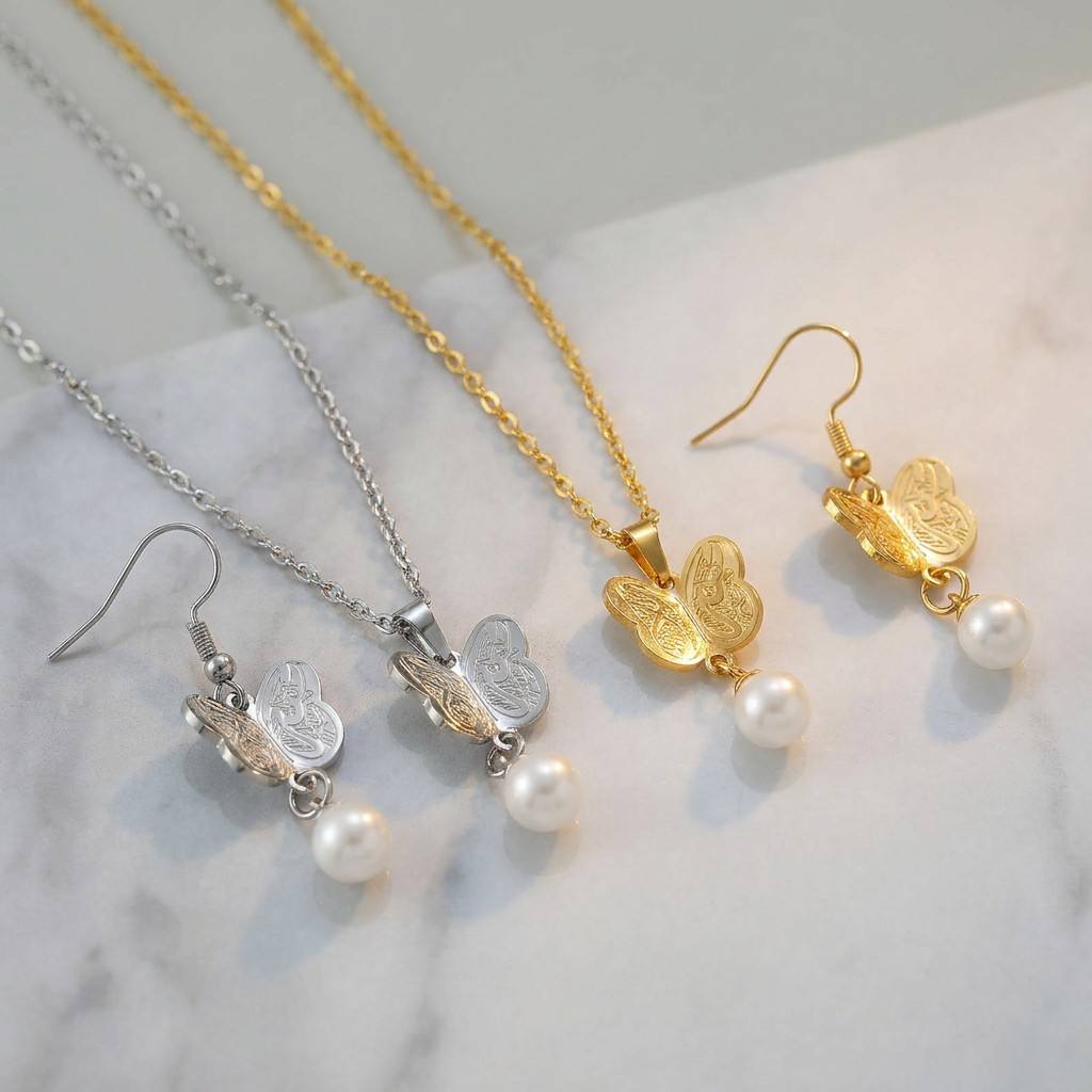 Butterfly pearl pendant necklace and earrings collection - 18K gold and polished silver stainless steel jewelry with meaningful script