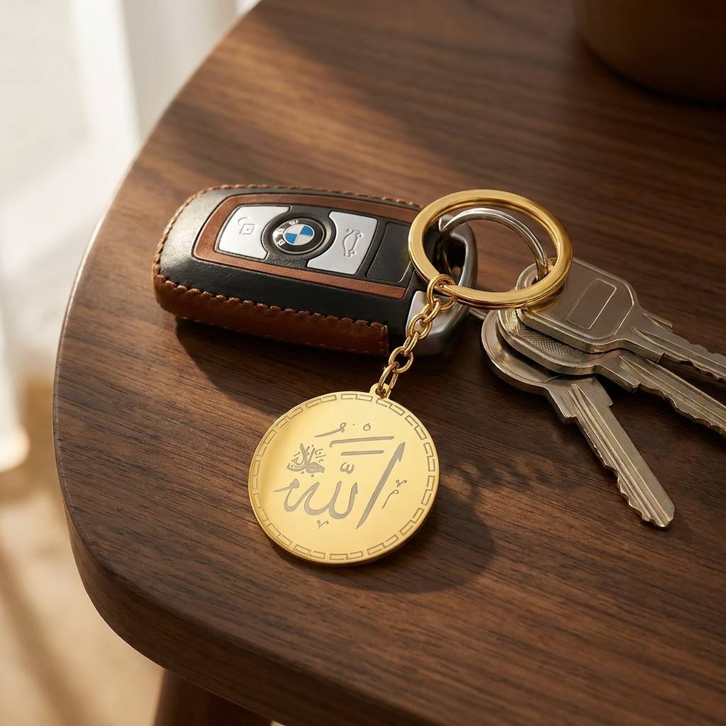 Premium gold Allah pendant keychain attached to luxury car keys - Handcrafted spiritual accessory for daily protection

