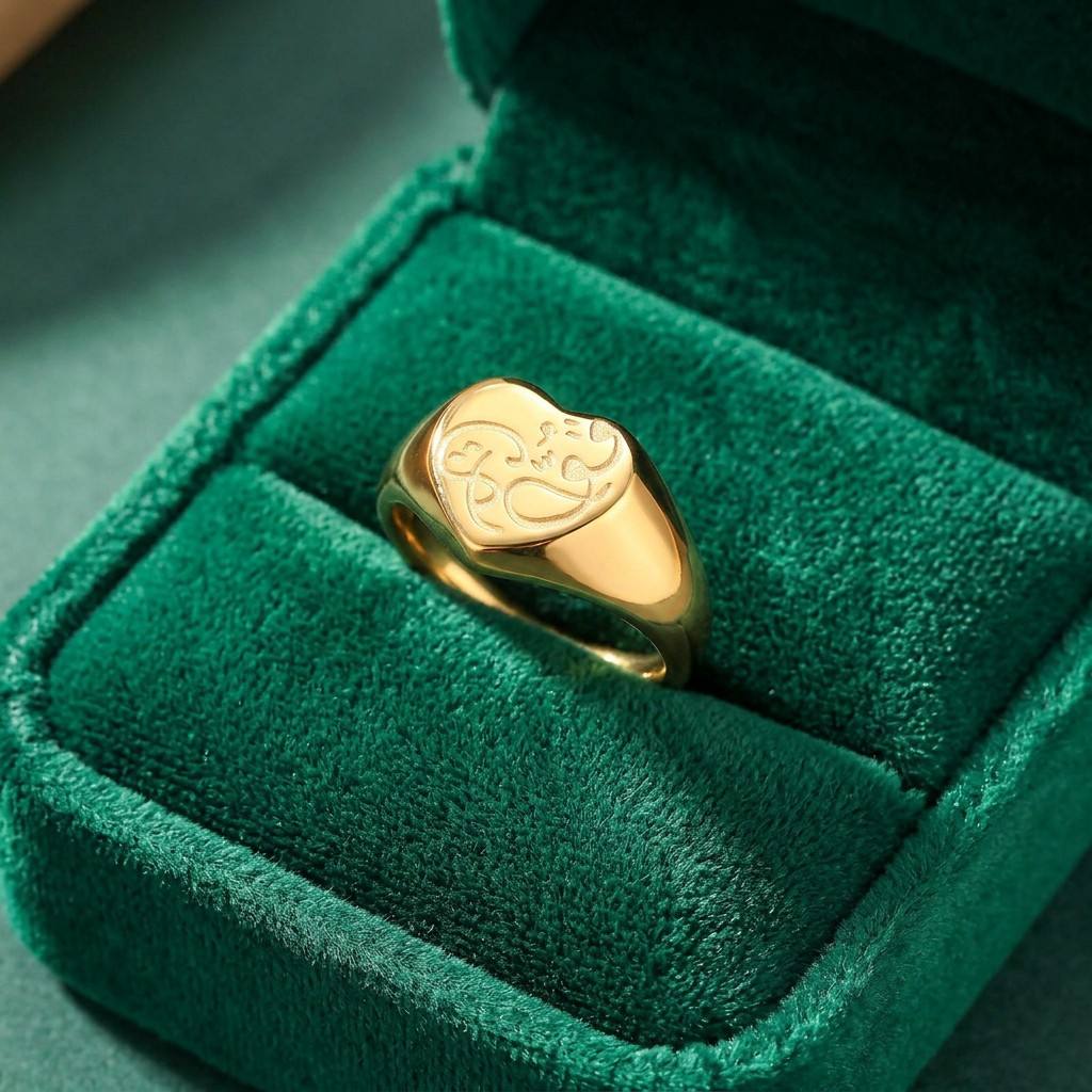 CIGAONI 18K gold Hubb Arabic love calligraphy heart signet ring presented in luxury emerald green velvet gift box

