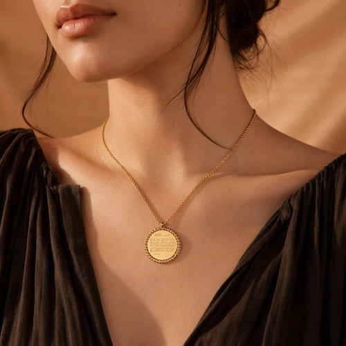 CIGAONI Ayatul Kursi Medallion Necklace worn on neck – 18K gold-plated circular pendant lifestyle close-up