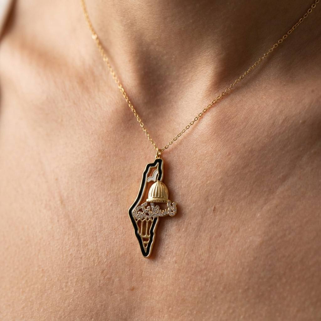 Close-up of Palestine mosaic map pendant necklace worn on neck - CIGAONI