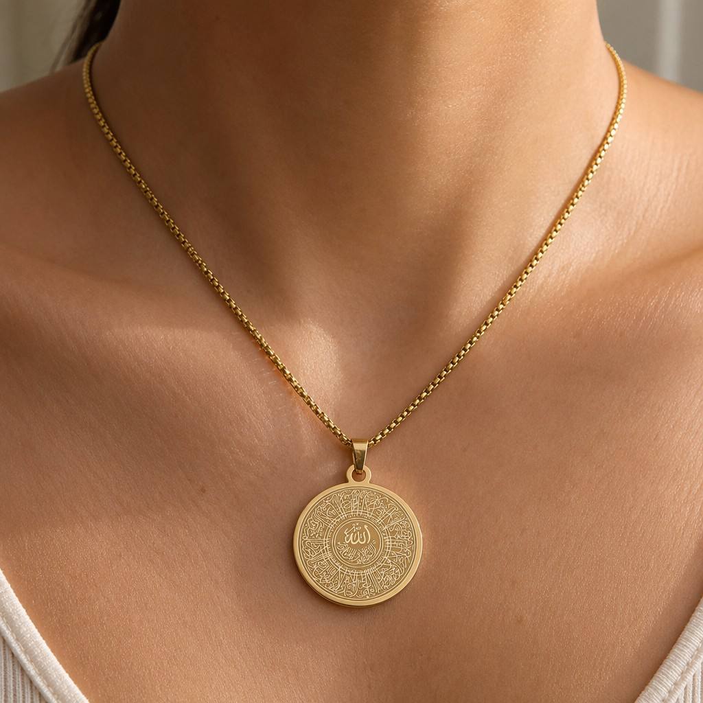 CIGAONI The Center Allah Concentric Calligraphy Medallion Necklace in Gold, Silver, Rose Gold and Matte Black finishes displayed on satin background