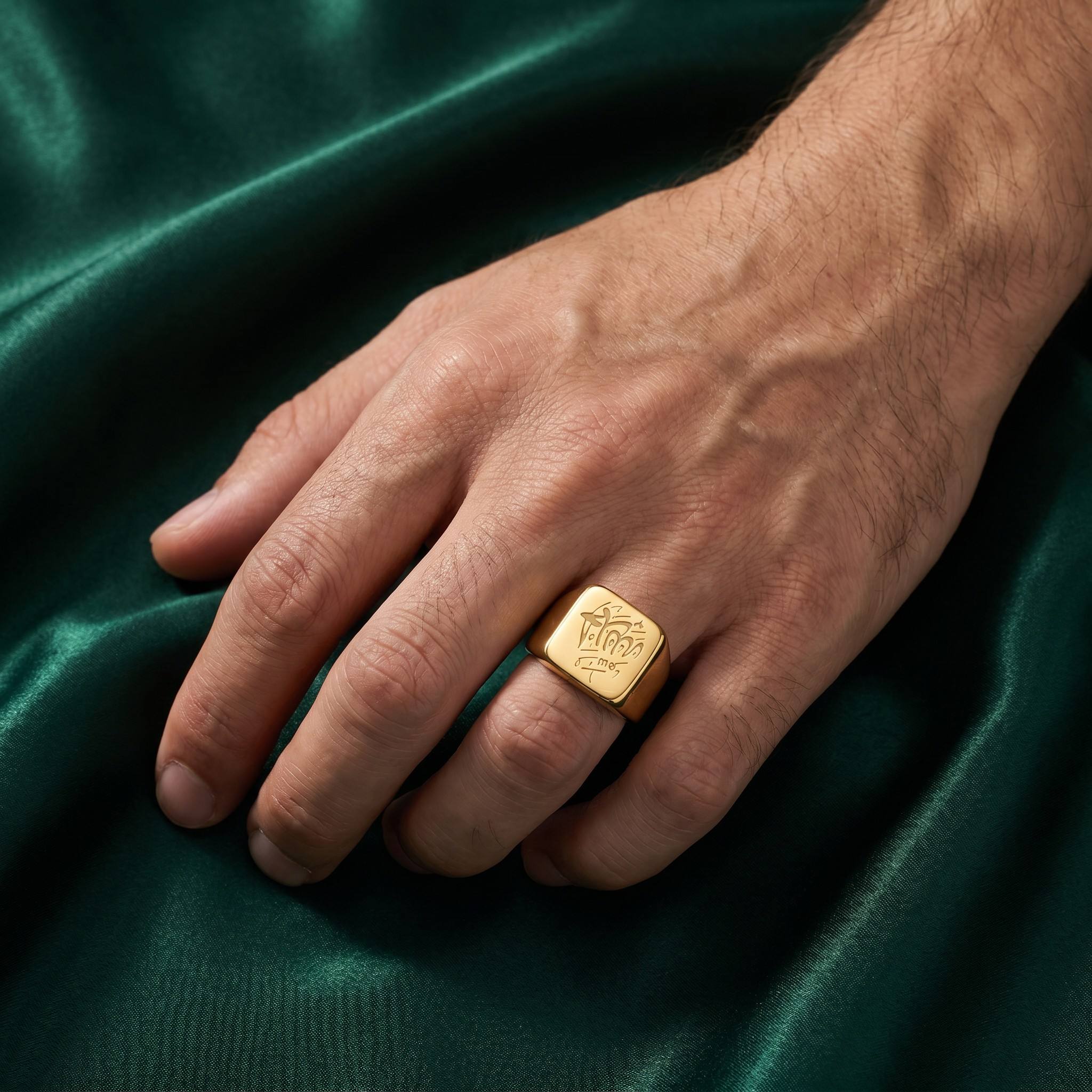 CIGAONI masculine Allah calligraphy signet ring worn by male model against green silk
