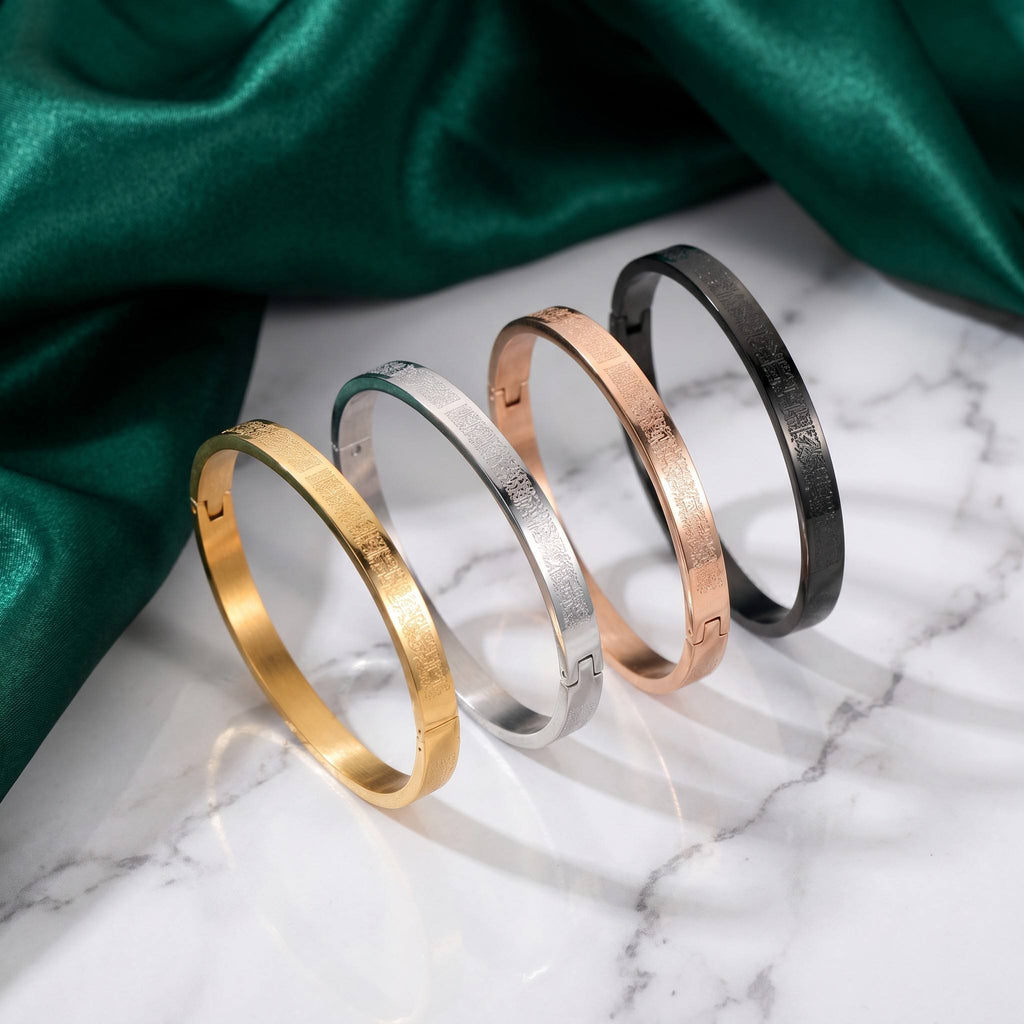 CIGAONI Ayatul Kursi bangle collection in Gold, Silver, Rose Gold, and Black finishes
