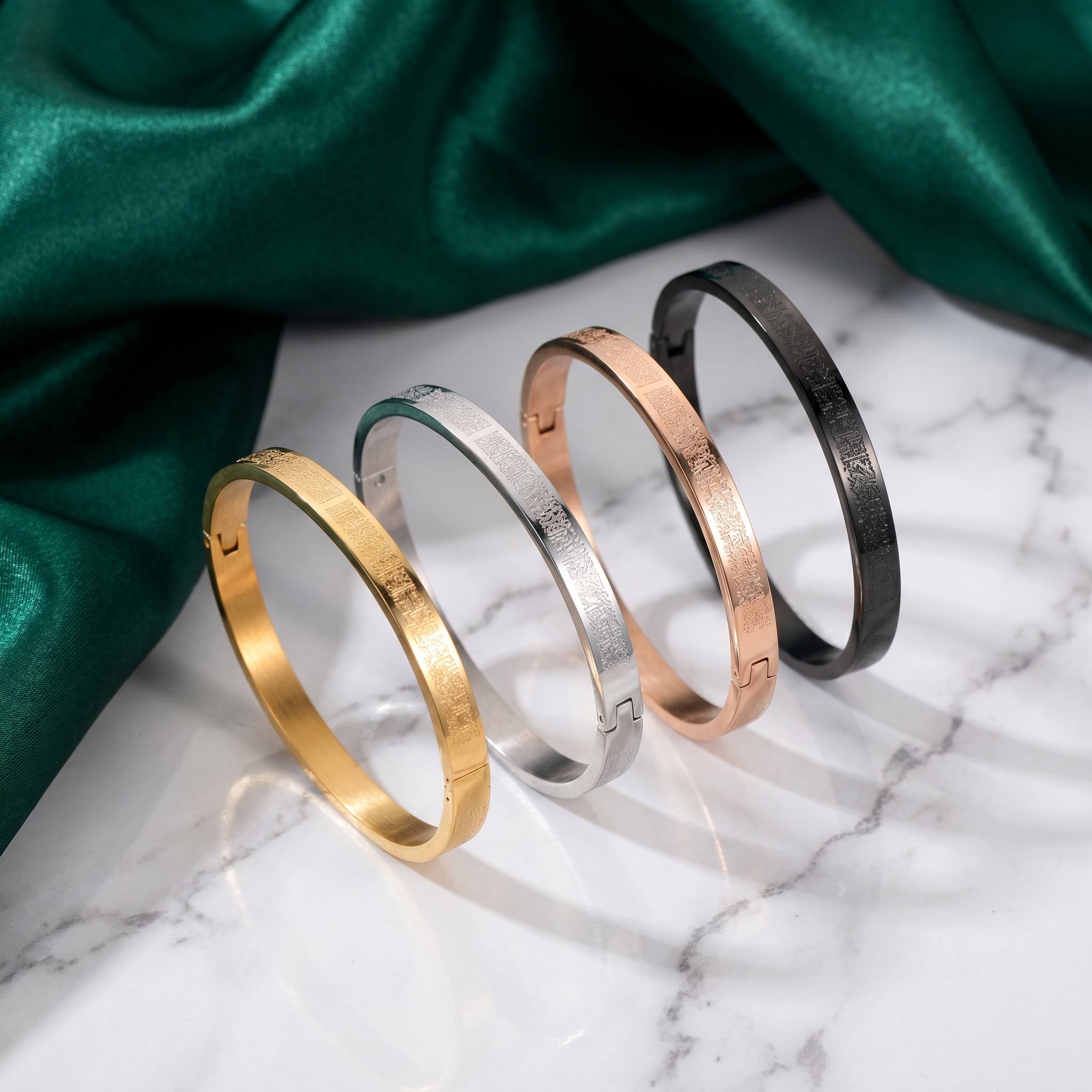 CIGAONI Ayatul Kursi bangle collection in Gold, Silver, Rose Gold, and Black finishes
