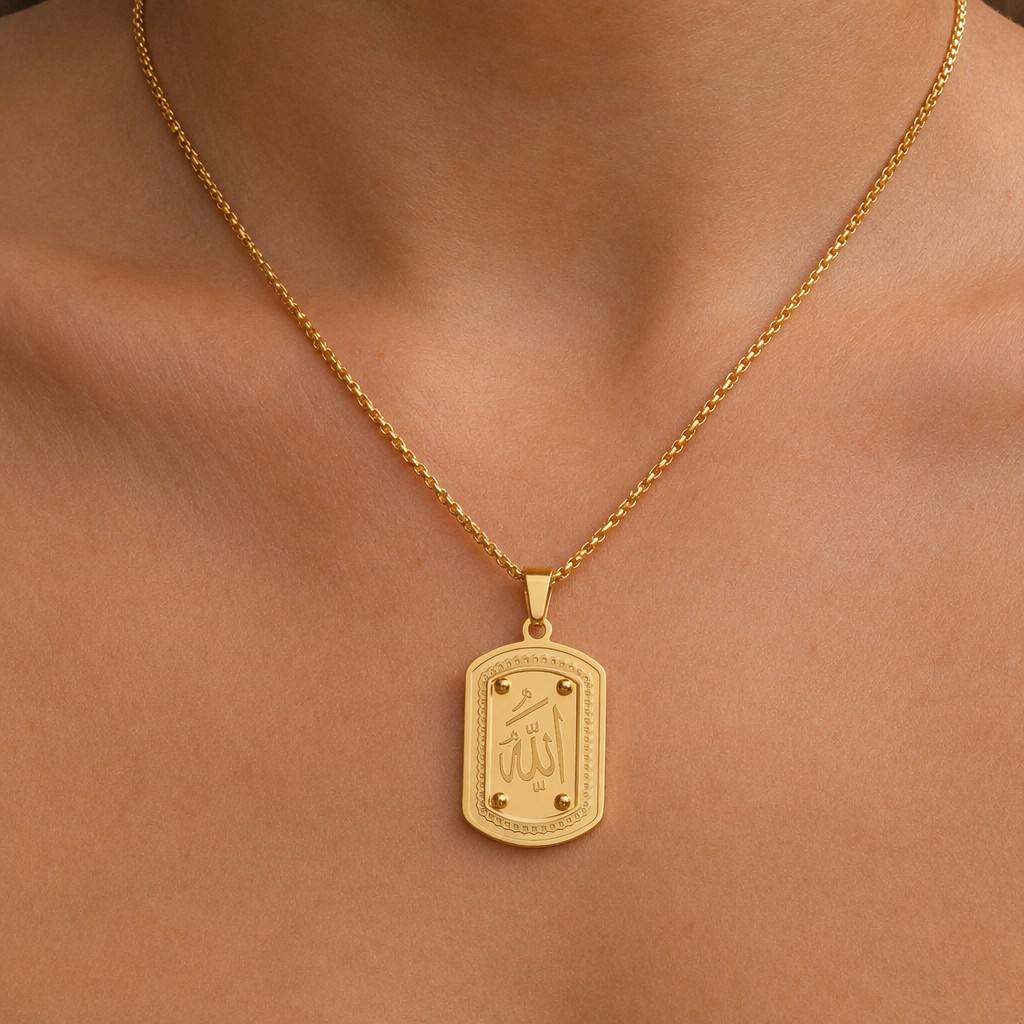 "CIGAONI Allah Name Necklace worn on neck – 18K gold-plated rectangular plaque pendant on box-link chain, lifestyle close-up"