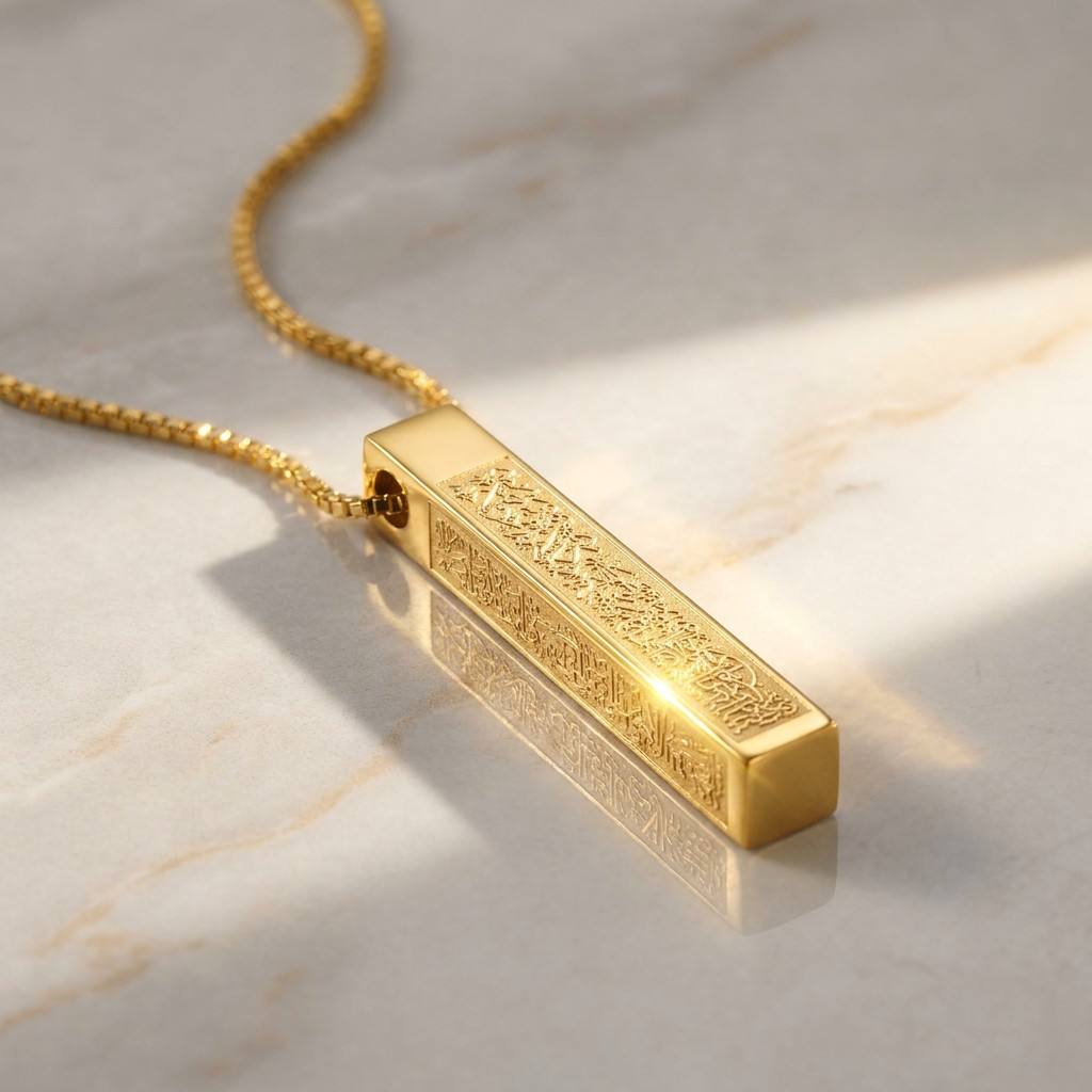 18K Gold Plated Sacred Pillar Necklace - High-quality 4-sided Arabic calligraphy jewelry for spiritual strength by Cigaoni