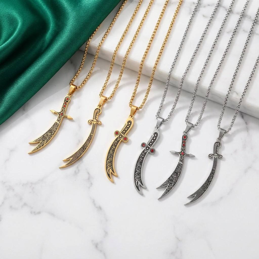 CIGAONI Zulfiqar Arabic Calligraphy Necklace in gold and silver, multiple styles displayed on marble background