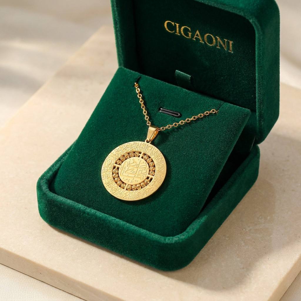 18K gold sacred spinning necklace with golden beads in green velvet gift box - CIGAONI