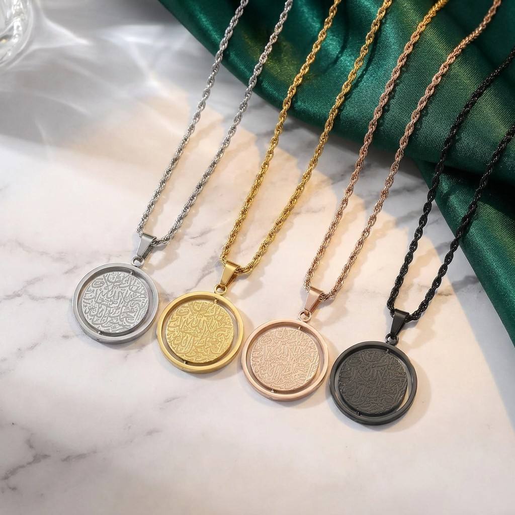 CIGAONI Ayatul Kursi Rotating Coin Necklace Collection - Handcrafted 360 Degree Spinning Arabic Calligraphy Jewelry with Rope Chain in Gold, Silver, Rose Gold and Black

